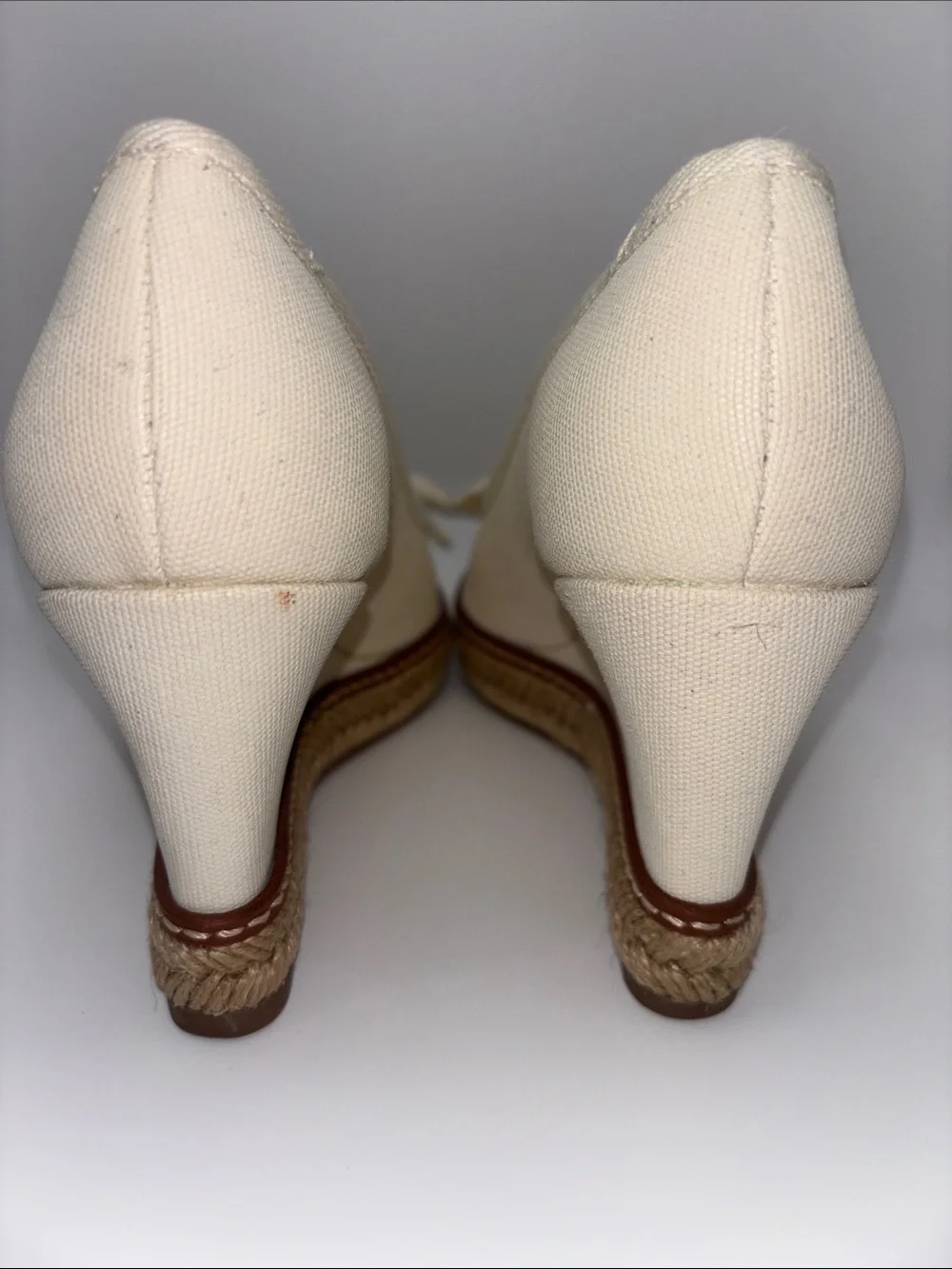 Tory Burch Cream Canvas Peep-Toe Espadrille Wedges with Gold Logo Charm